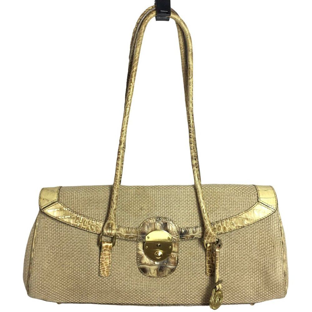 Brahmin East West Y2K Satchel Shoulder Bag Natural Burlap Croc Leather Summer